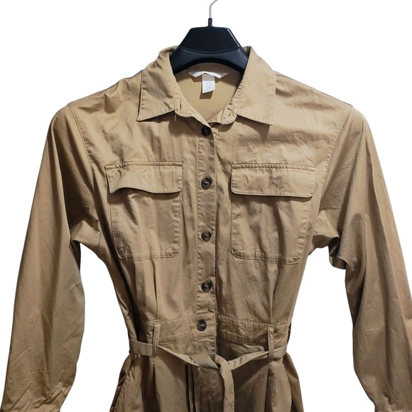 H&M Utility Jumpsuit Tan Long Sleeve Belted Cargo Pockets Gorpcore Outdoor US 10 - Picture 5 of 11